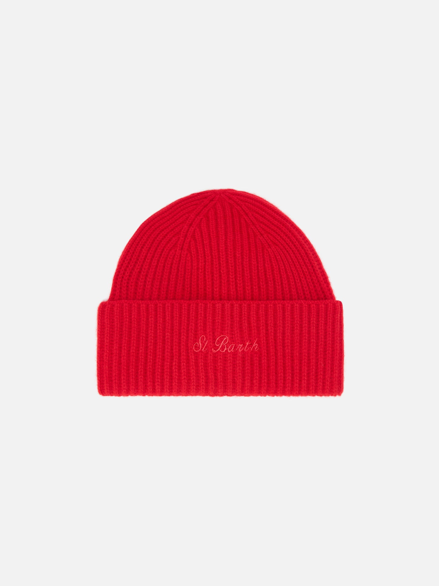 Berretto Moss in maglia rossa a coste con ricamo St. Barth