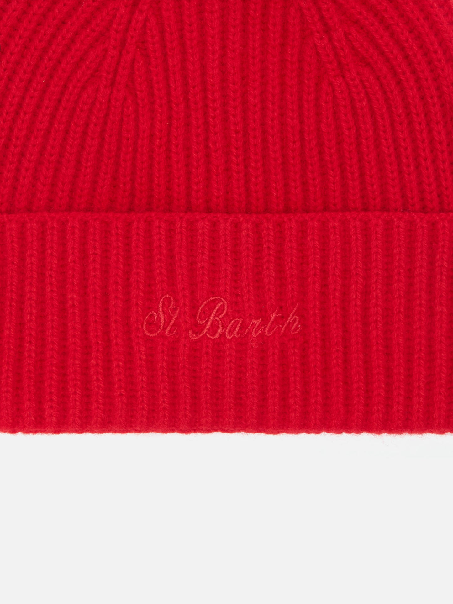 Berretto Moss in maglia rossa a coste con ricamo St. Barth
