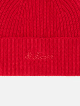 Berretto Moss in maglia rossa a coste con ricamo St. Barth