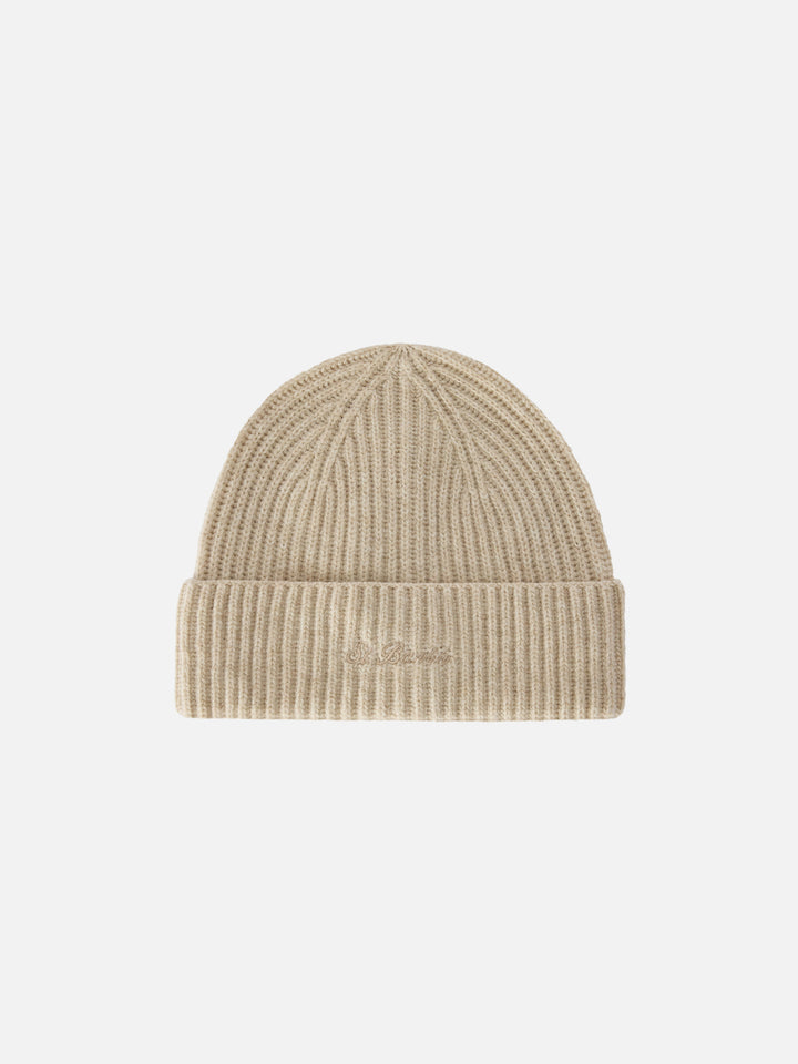 Gorro beanie de lana Beige Moss con bordado del logo 