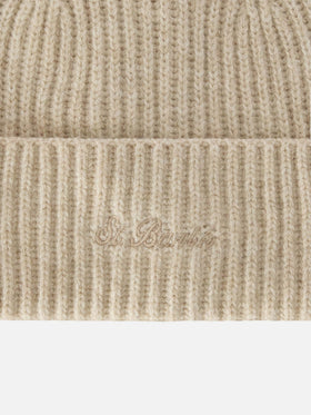 Berretto Moss beige in lana con ricamo logo