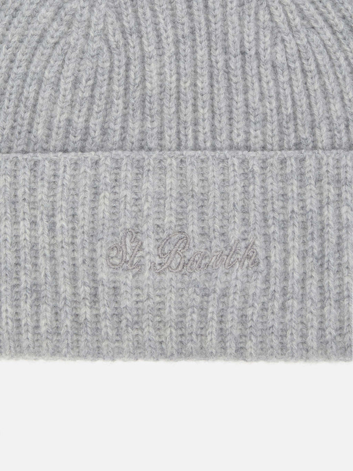 Berretto Moss in maglia grigio melange a coste con ricamo St. Barth