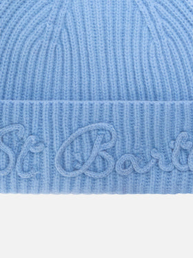 Bonnet en mélange de laine d'alpaga Light blue Moss avec broderie logo 