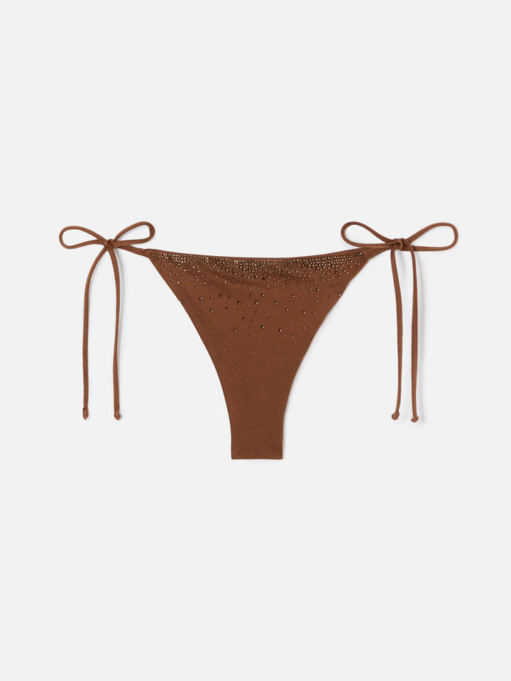 Slip mare Marielle modello brasiliana glossy finish marrone con strass