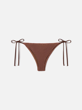 Bas de bikini brésilien Marielle en tissu froissé marron 