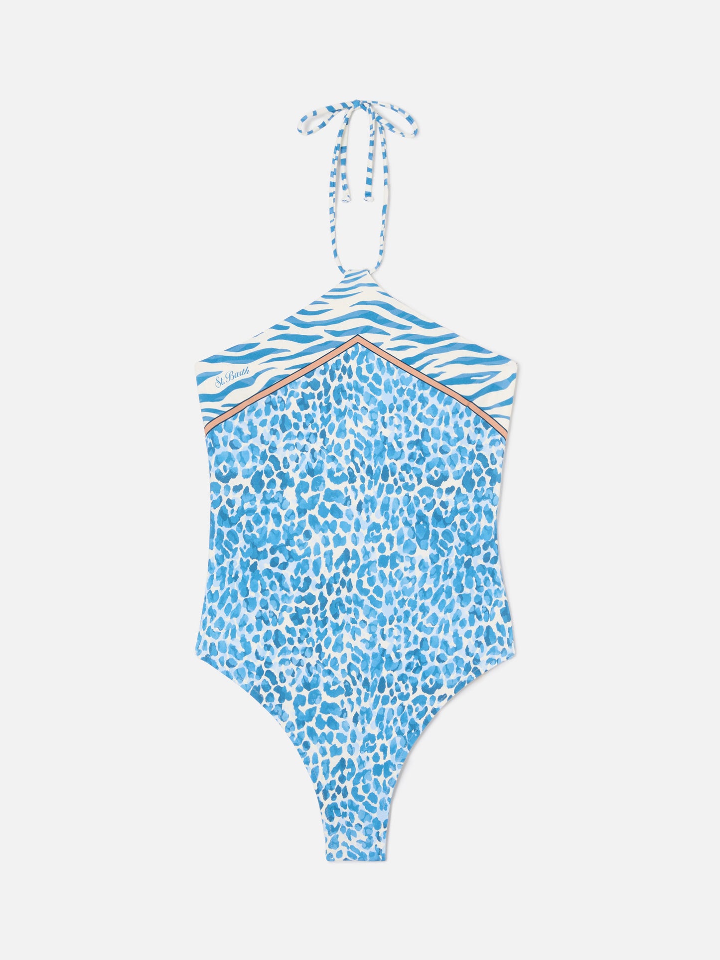 Meryem one-piece swimsuit with light blue leopard animal print