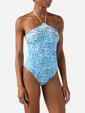 Maillot de bain une pièce Meryem à imprimé animalier léopard bleu clair 