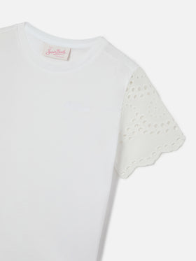 Maisa Jr T-shirt in white organic cotton with broderie sleeves