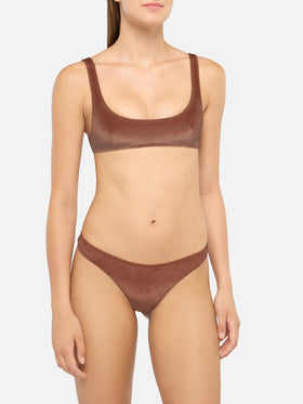 Naomi camel brown velvet cheeky swim briefs - Naima camel brown velvet classic bralette top