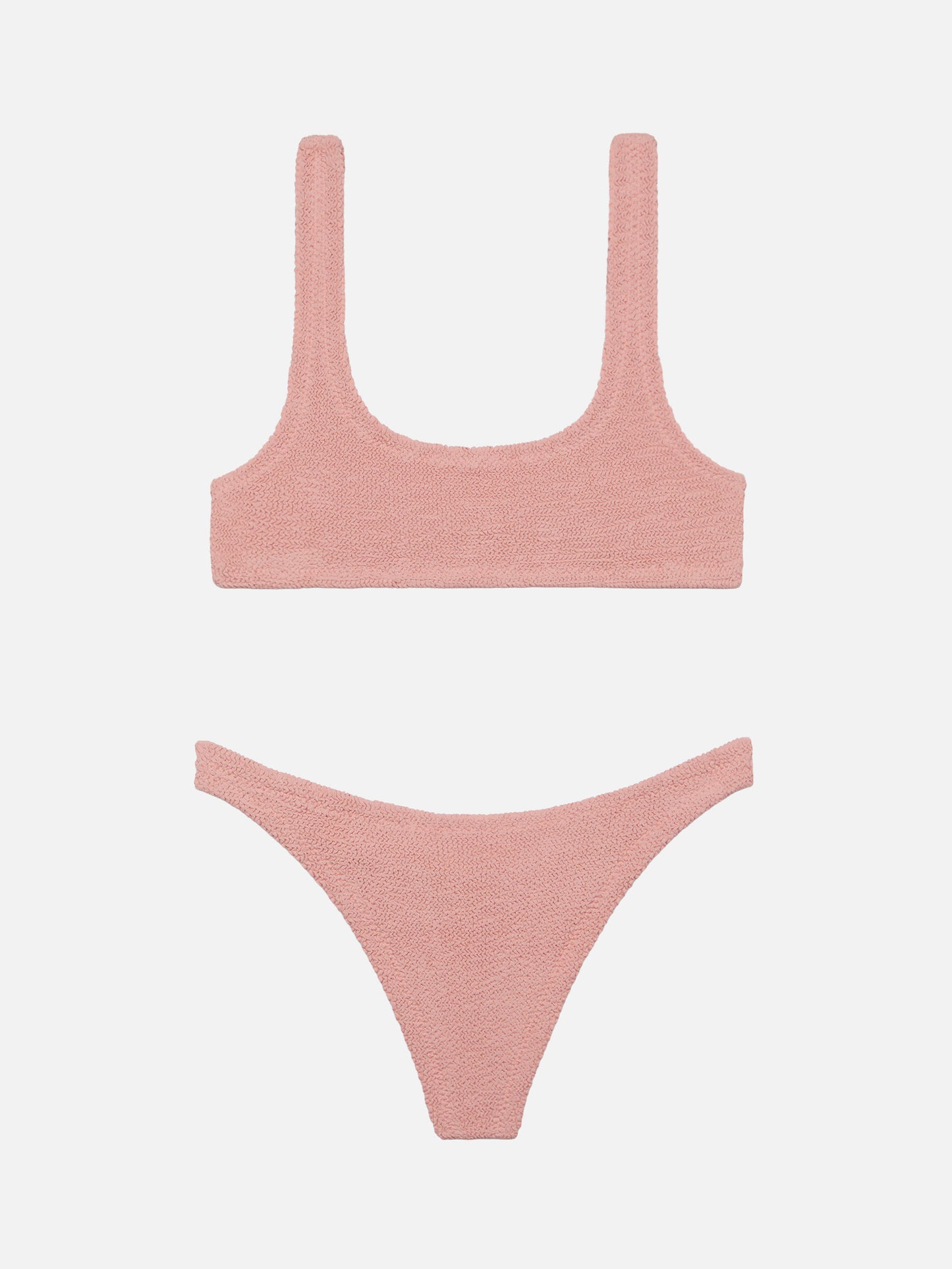 Naomi, pinkfarbene, freche Badehose in Crinkle-Optik – Naima, pinkfarbenes, klassisches Bralette-Top in Crinkle-Optik