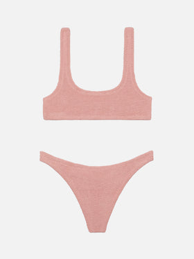 Naomi, pinkfarbene, freche Badehose in Crinkle-Optik – Naima, pinkfarbenes, klassisches Bralette-Top in Crinkle-Optik