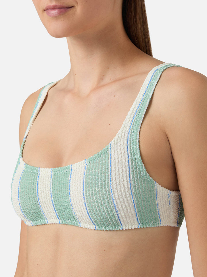 Haut de bikini brassière Naima en tissu crinkle rayé vert 
