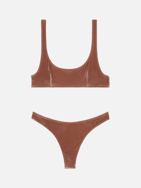Naomi camel brown velvet cheeky swim briefs - Naima camel brown velvet classic bralette top