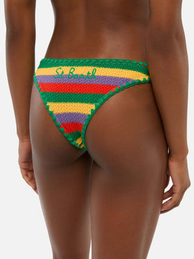 Naomi crochet cheeky swim briefs with multicolor striped print