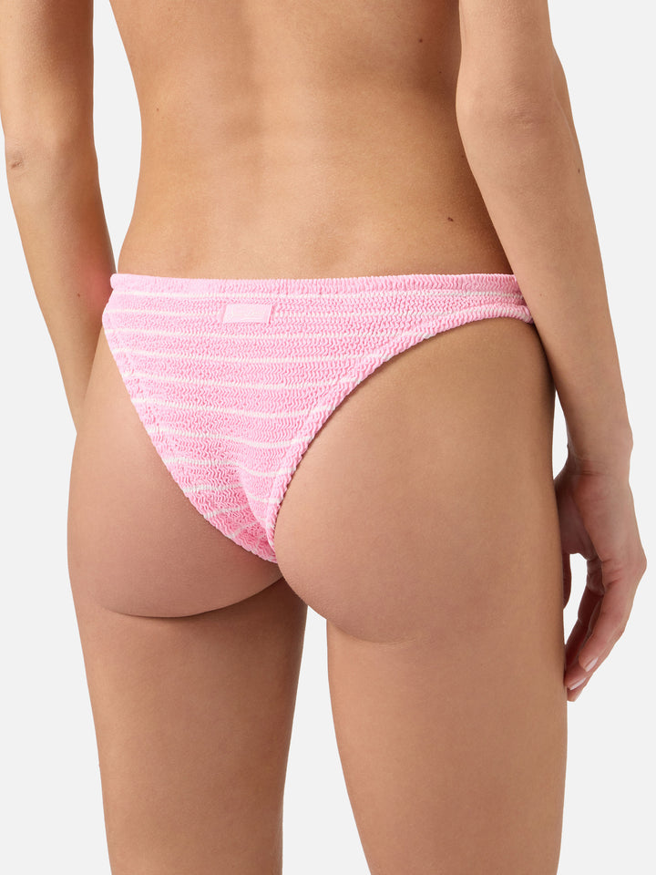 Braguita de bikini brasileña Naomi en tejido crinkle de rayas rosas y blancas 