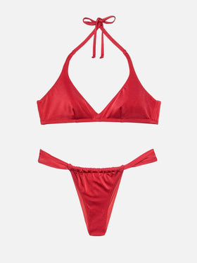 Noelle, schimmernde, ziegelrote, freche Badehose – Gaia, schimmerndes, ziegelrotes Triangel-Bralette-Oberteil