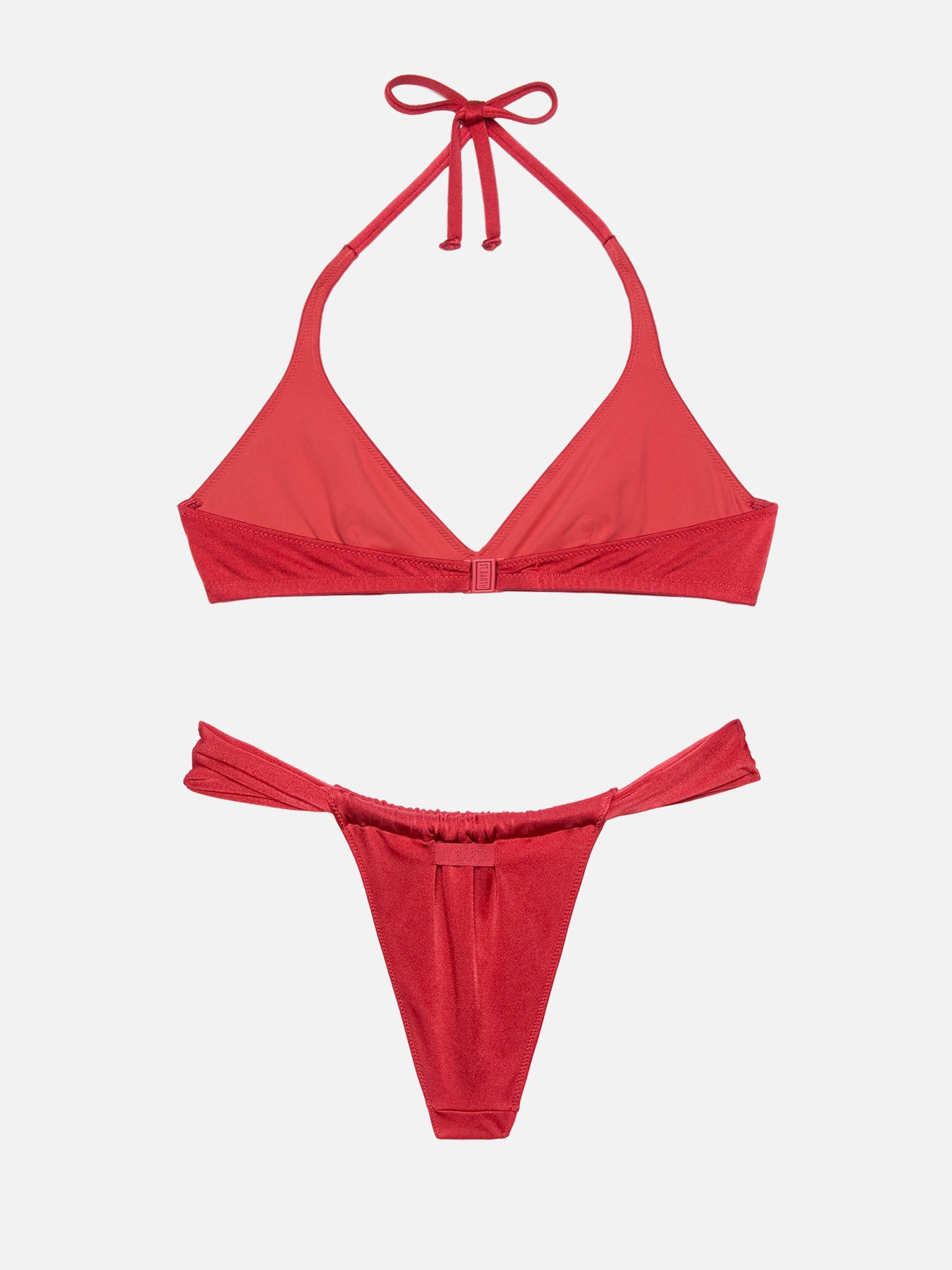 Noelle, schimmernde, ziegelrote, freche Badehose – Gaia, schimmerndes, ziegelrotes Triangel-Bralette-Oberteil
