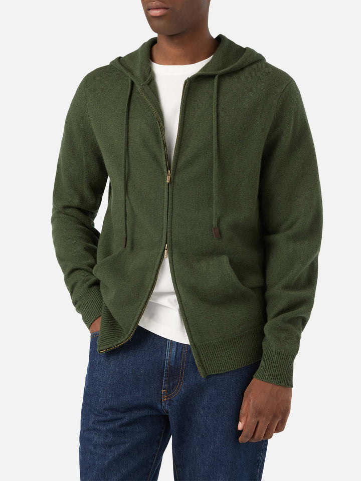 Punto con capucha Notting en lana de cordero verde militar con cremallera completa 
