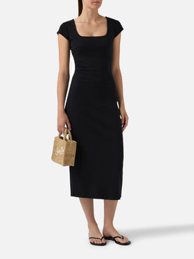 Long Olimpia dress in black ribbed stretch cotton fabric