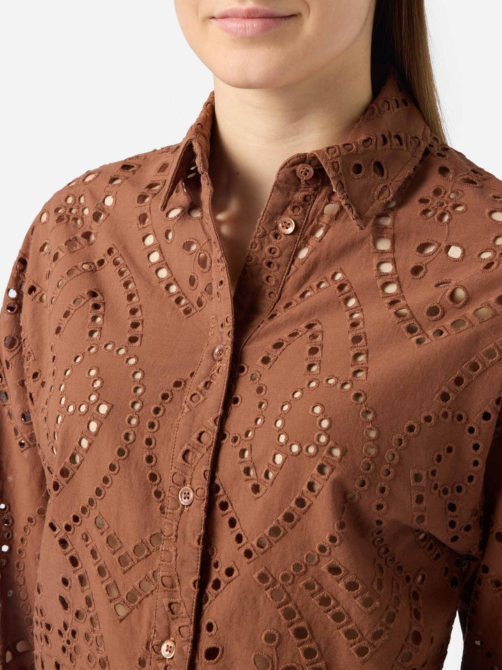 Oriane cropped sangallo cotton shirt in brown