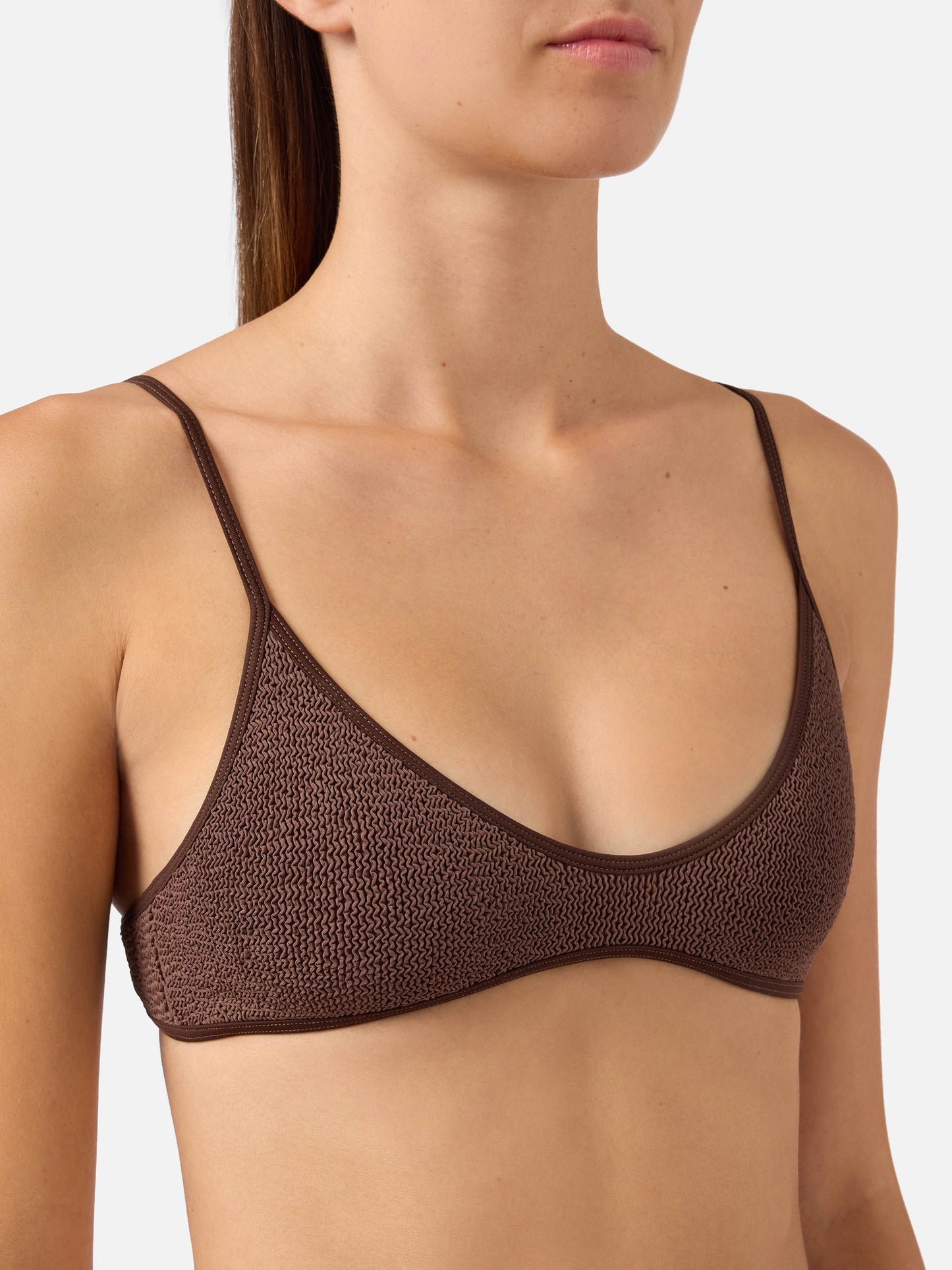 Top bikini Paloma String bralette marrone in tessuto crinkle