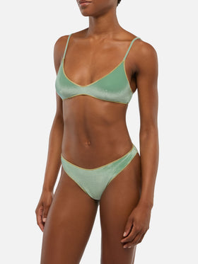 Paloma Naomi Samt-Bralette-Bikini in Salbeigrün mit Goldborte