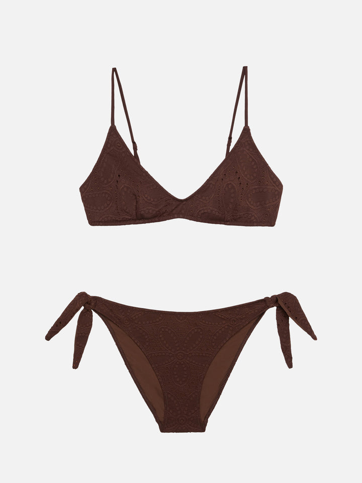 Paloma Yali plunging bralette bikini in brown sangallo lace
