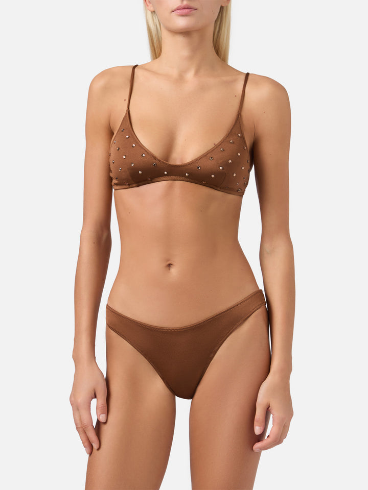 Paloma Naomi plunging bralette bikini in brown with rhinestone embellishments