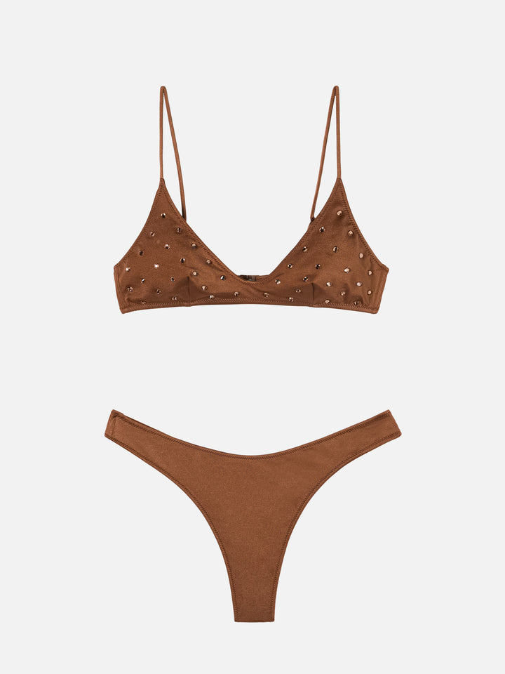 Paloma Naomi plunging bralette bikini in brown with rhinestone embellishments
