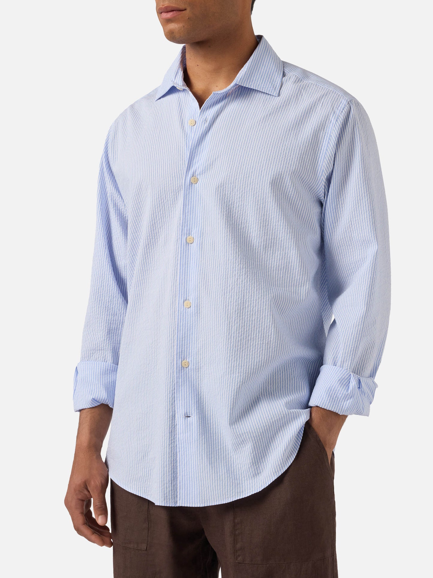 Chemise Pamplona à rayures bleu clair en seersucker 