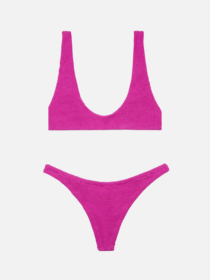 Naomi, fuchsiafarbener Lurex-Crinkle-Badeslip - Pamy, fuchsiafarbener Lurex-Crinkle-Bralette