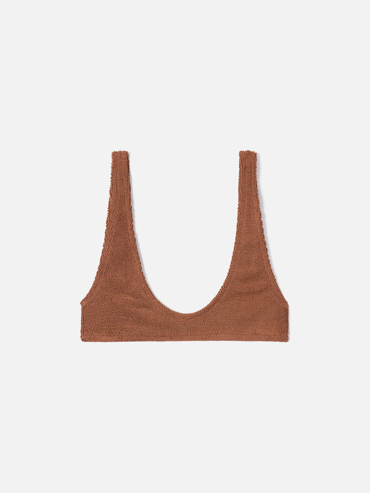 Haut de bikini brassière Pamy en tissu froissé marron 