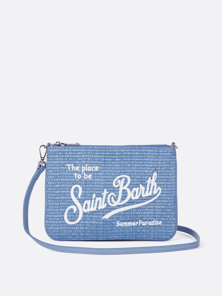 Parisienne pouch effetto paglia in azzurro con logo ricamato e tracolla removibile
