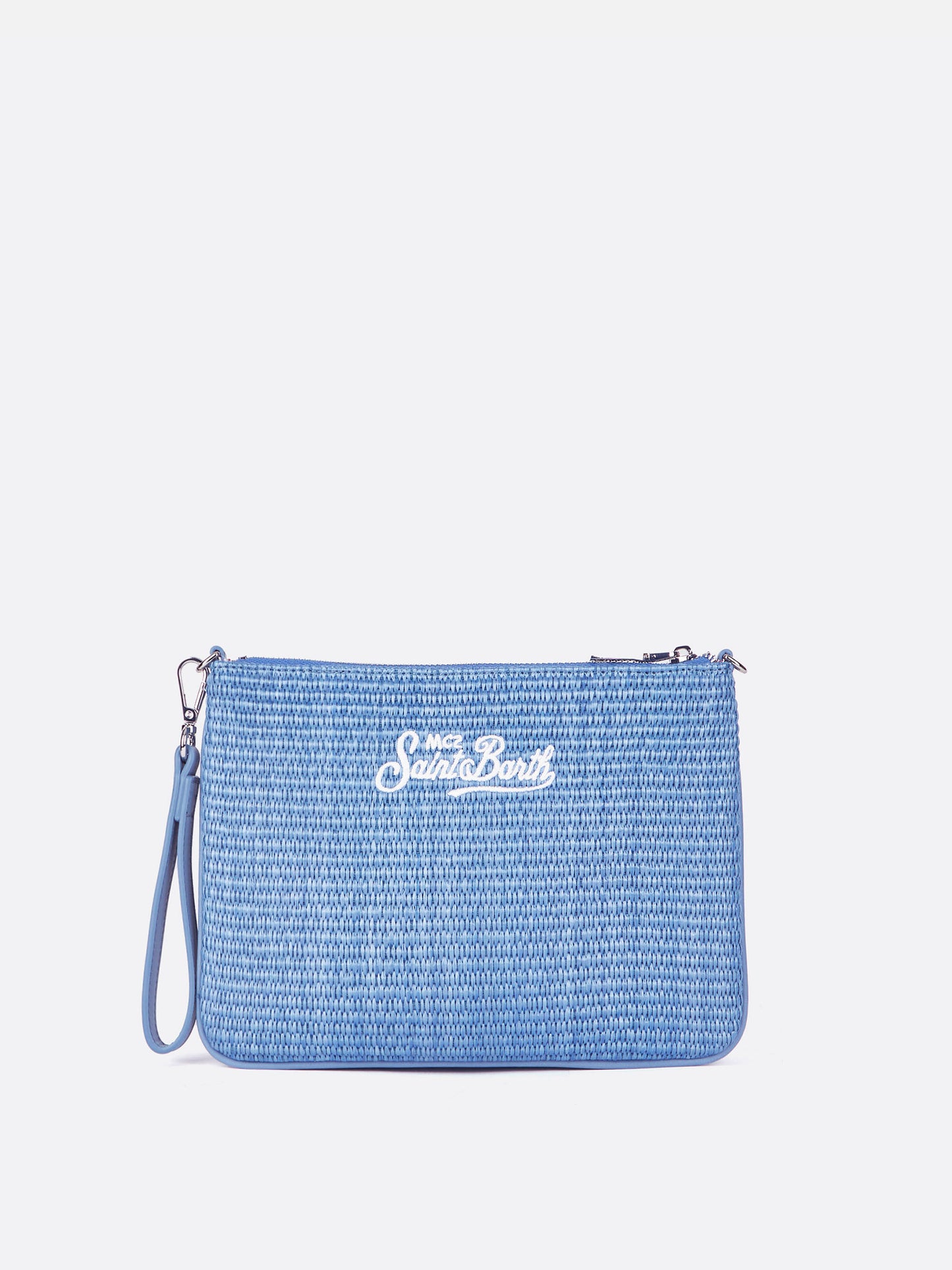 Parisienne straw effect in light blue pouch with embroidered logo and removable strap
