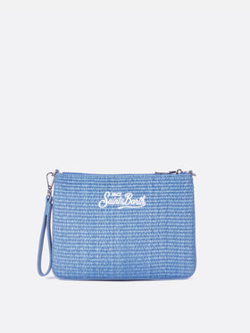 Parisienne straw effect in light blue pouch with embroidered logo and removable strap