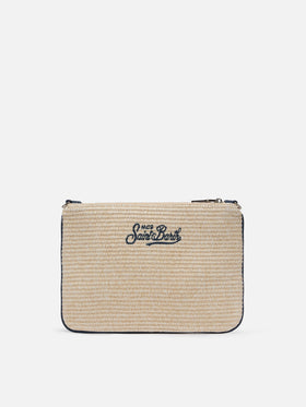 Parisienne Straw effect pouch bag with embroidered logo