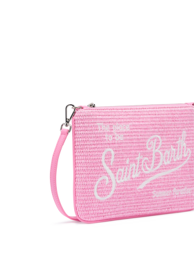 Parisienne efecto paja pouch en rosa con logo bordado y correa extraíble 