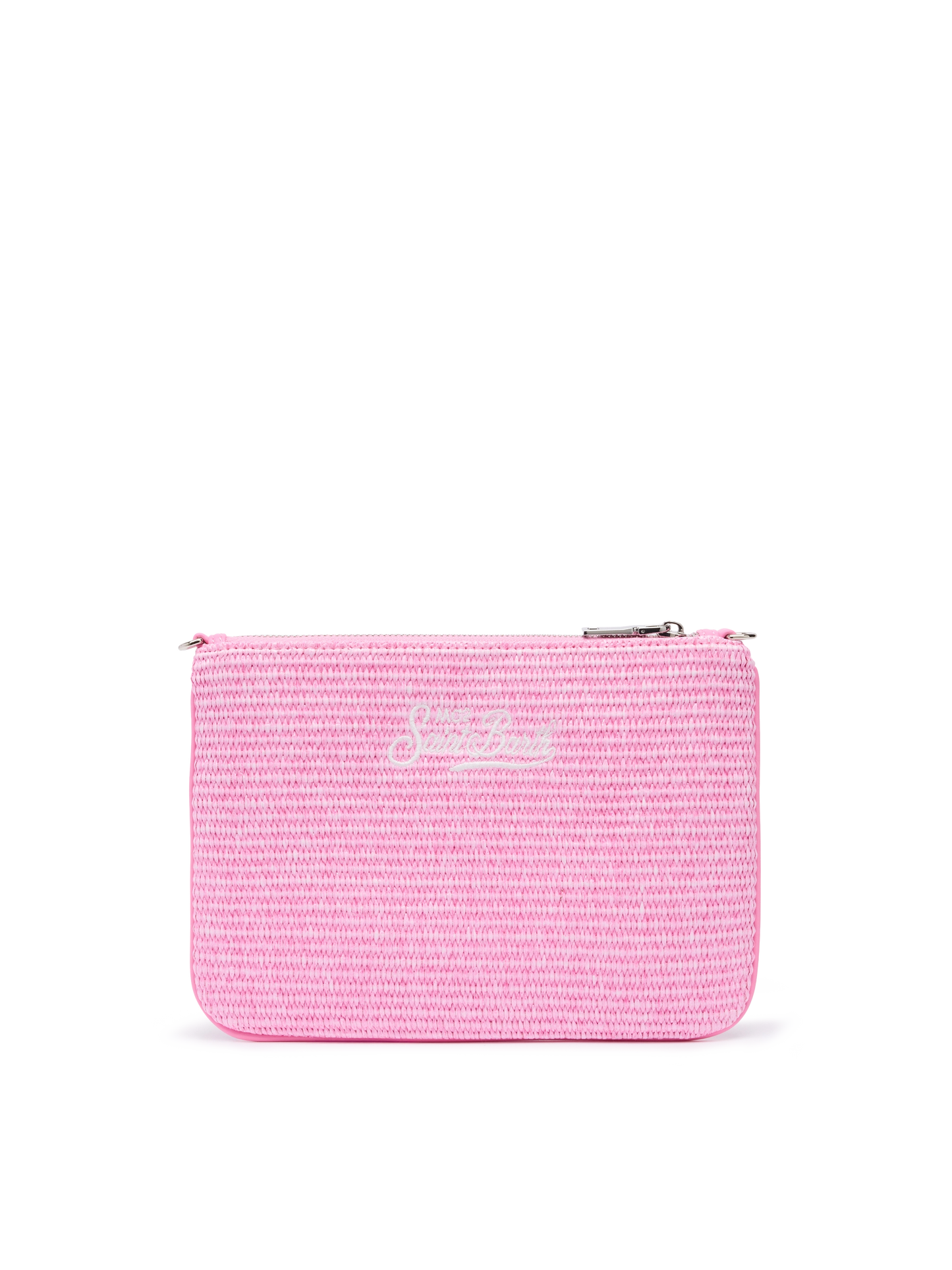 Parisienne efecto paja pouch en rosa con logo bordado y correa extraíble 