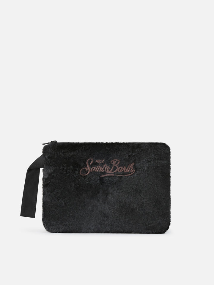 Black Pareasy faux fur pochette with logo embroidery