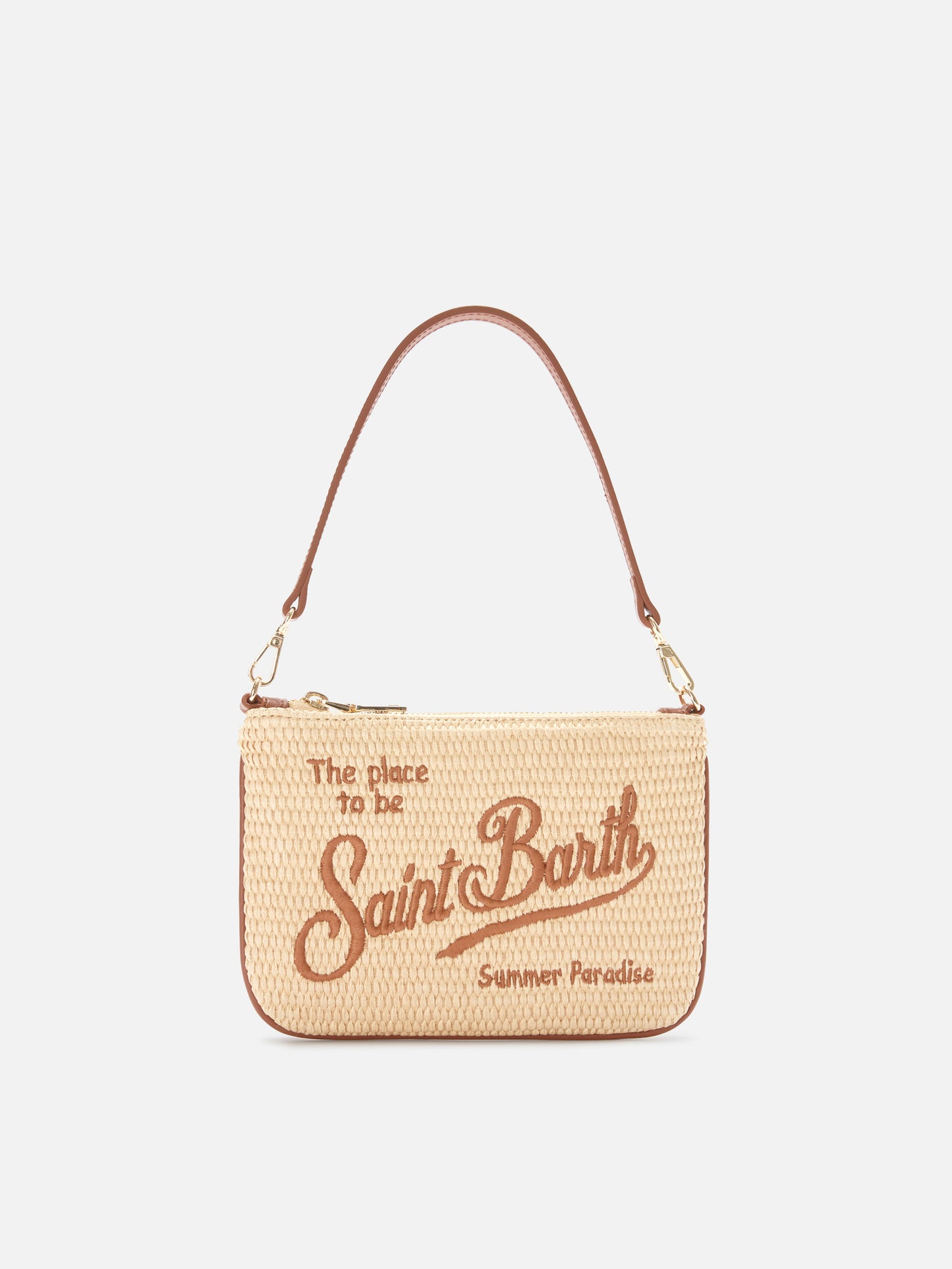 Pochette Mini Parisienne effet paille avec broderie logo marron 