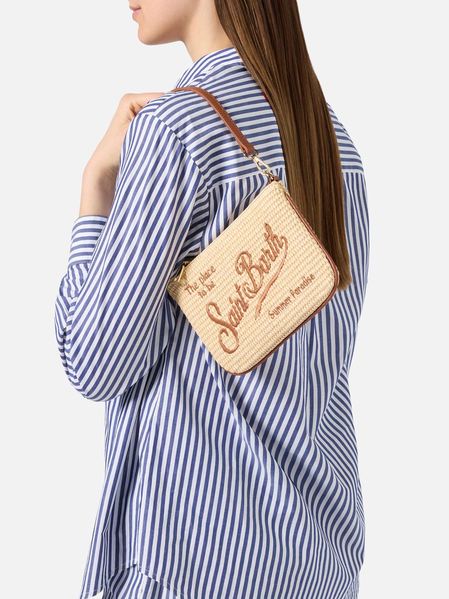 Pochette Mini Parisienne effet paille avec broderie logo marron 