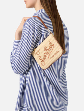 Pochette Mini Parisienne effet paille avec broderie logo marron 