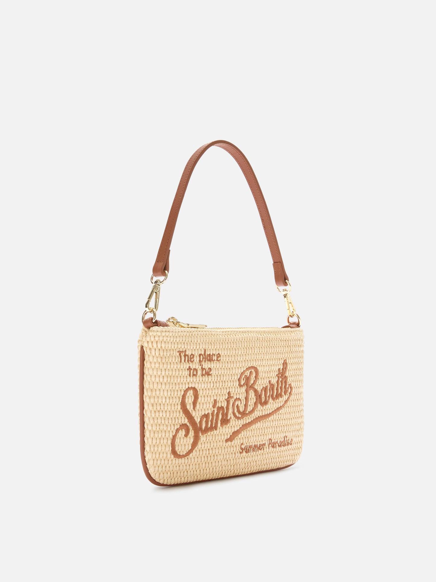 Pochette Mini Parisienne effet paille avec broderie logo marron 