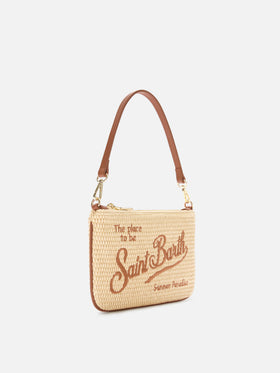 Pochette Mini Parisienne effet paille avec broderie logo marron 