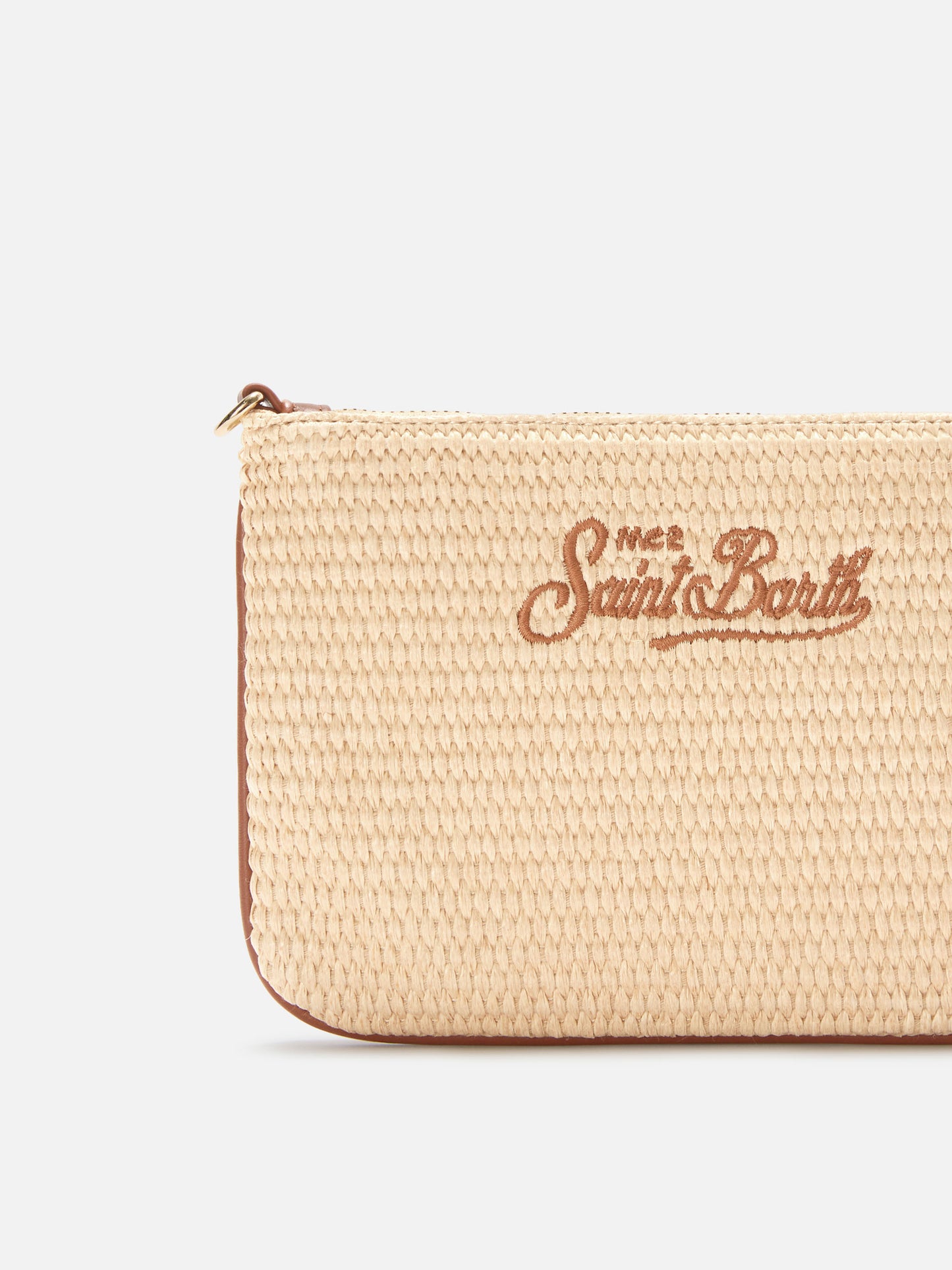 Pochette Mini Parisienne effet paille avec broderie logo marron 