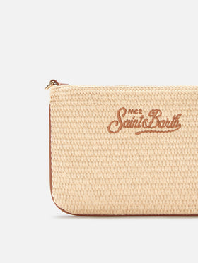 Pochette Mini Parisienne effet paille avec broderie logo marron 