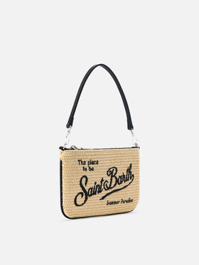 Mini pouch Parisienne efecto paja con bordado del logo en negro 