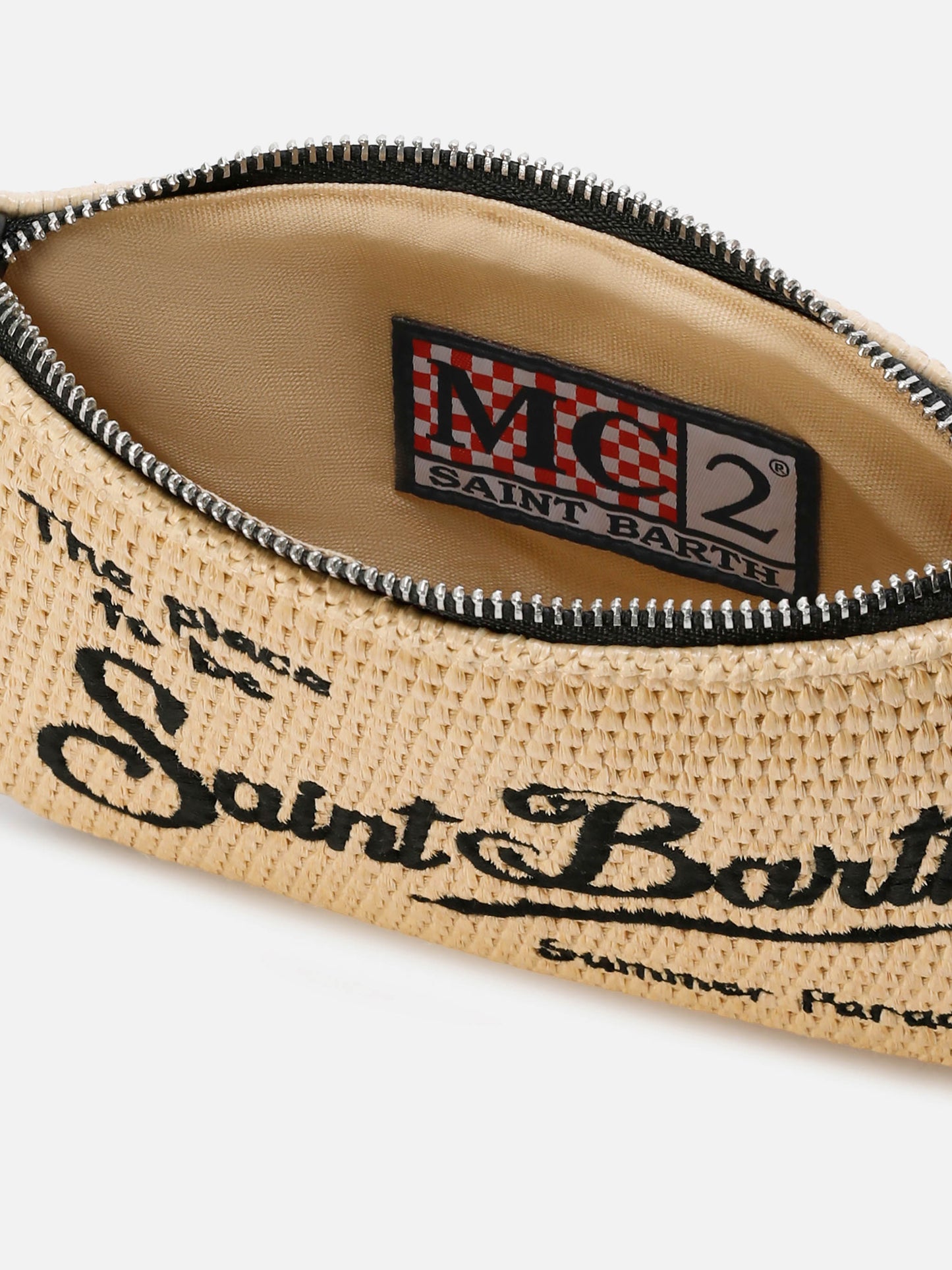 Mini pouch Parisienne efecto paja con bordado del logo en negro 