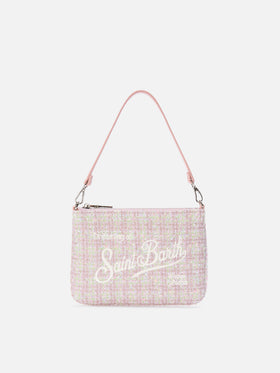Rosafarbene Mini Parisienne Schultertasche aus Tweed mit Logo-Stickerei 