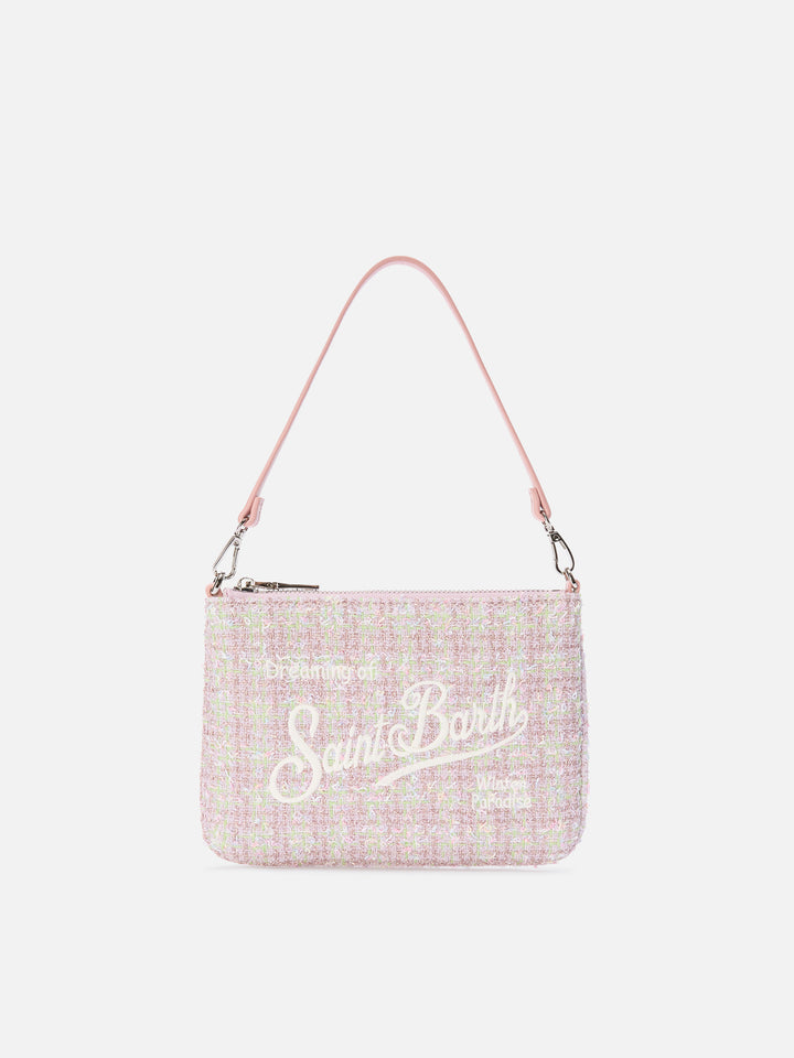 Rosafarbene Mini Parisienne Schultertasche aus Tweed mit Logo-Stickerei 
